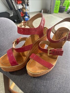 kate spade Pink Patent Espadrille Wedge Sandals with Ankle Straps